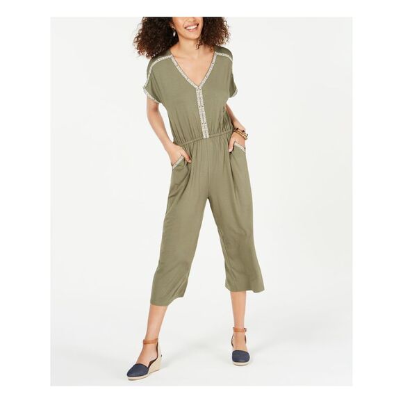 Style & Co Women's Embroidered Cropped Jumpsuit Green Size Petit XL